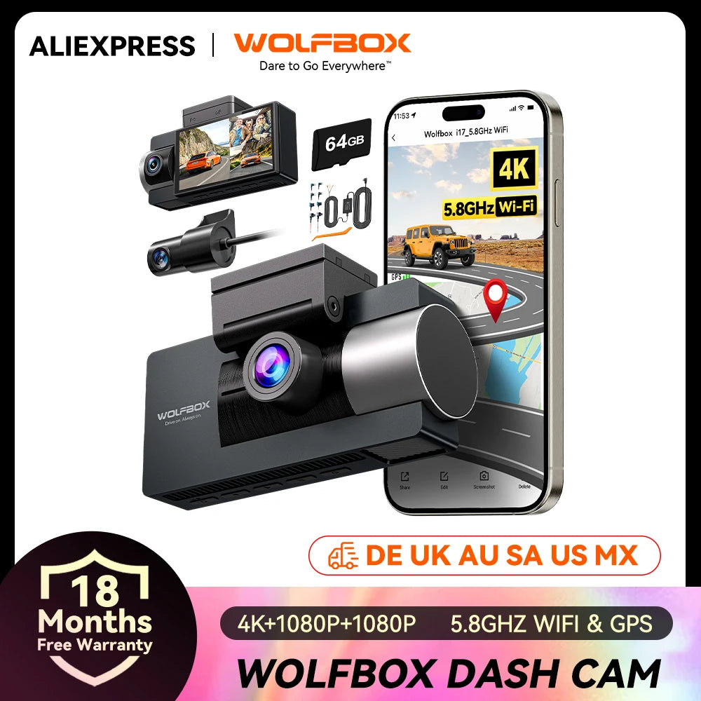 WOLFBOX I07 DashCam 3Channel FrontRear 4K GPS WiFi