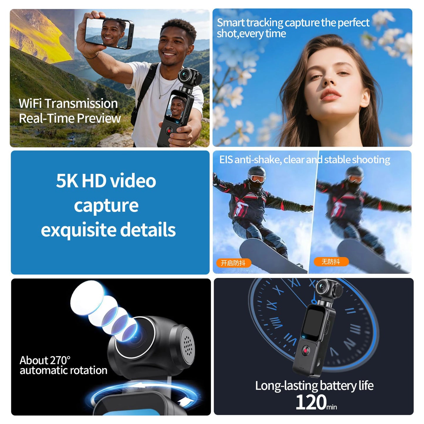 5K HD Handheld Action Camera With 270 Degree Lens Autofocus Touchscreen