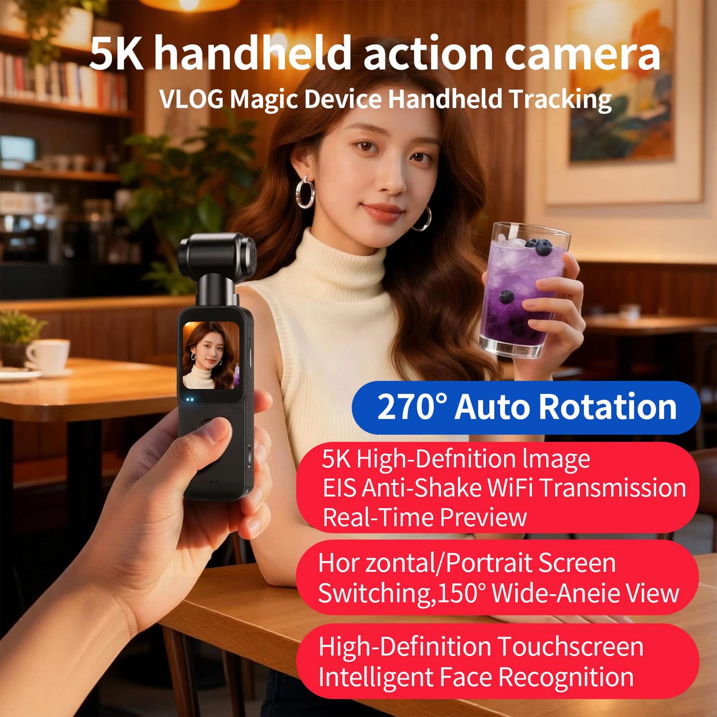 5K HD Handheld Action Camera With 270 Degree Lens Autofocus Touchscreen