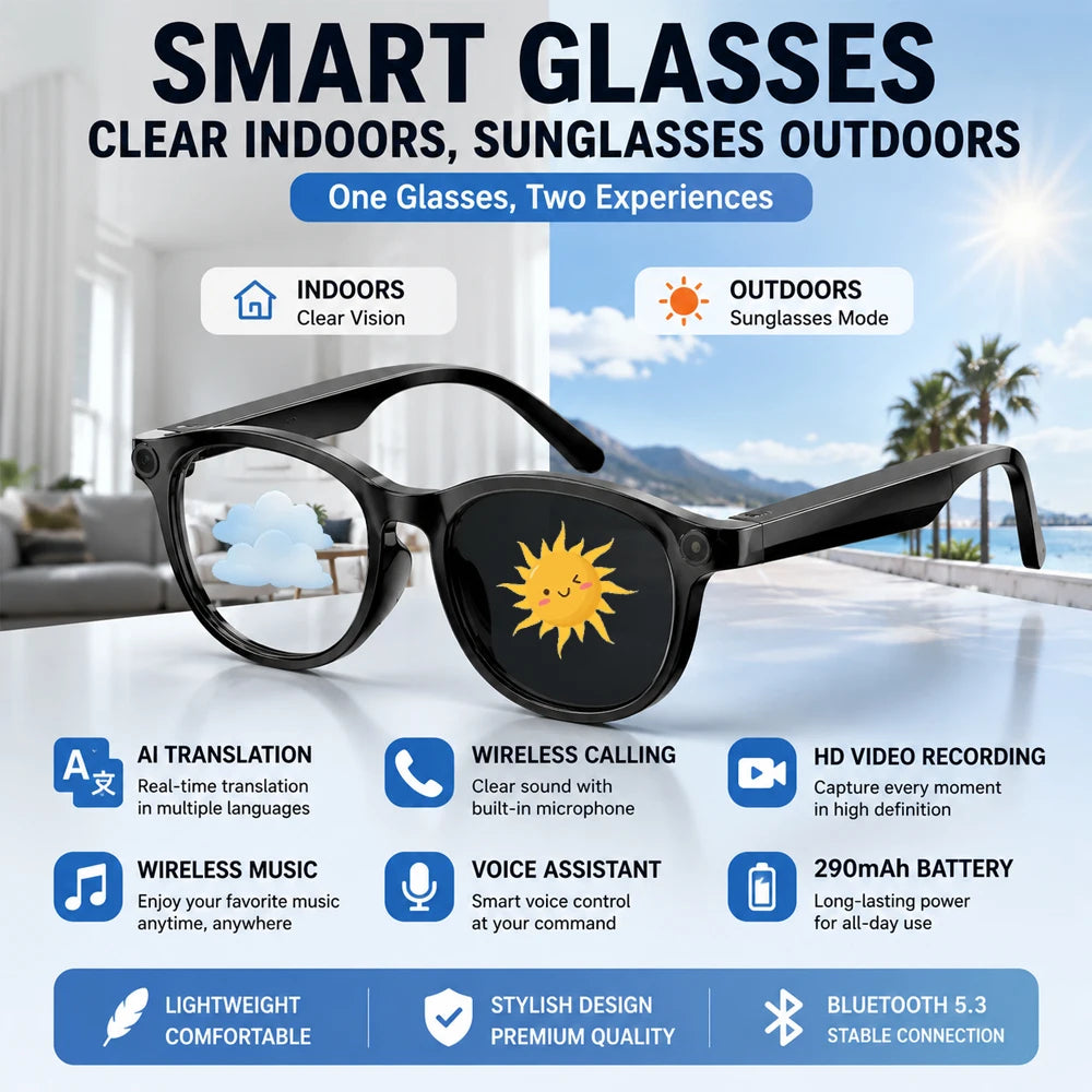 Smart Photochromic Glasses Bluetooth 5.3 AI Translator and Assistant