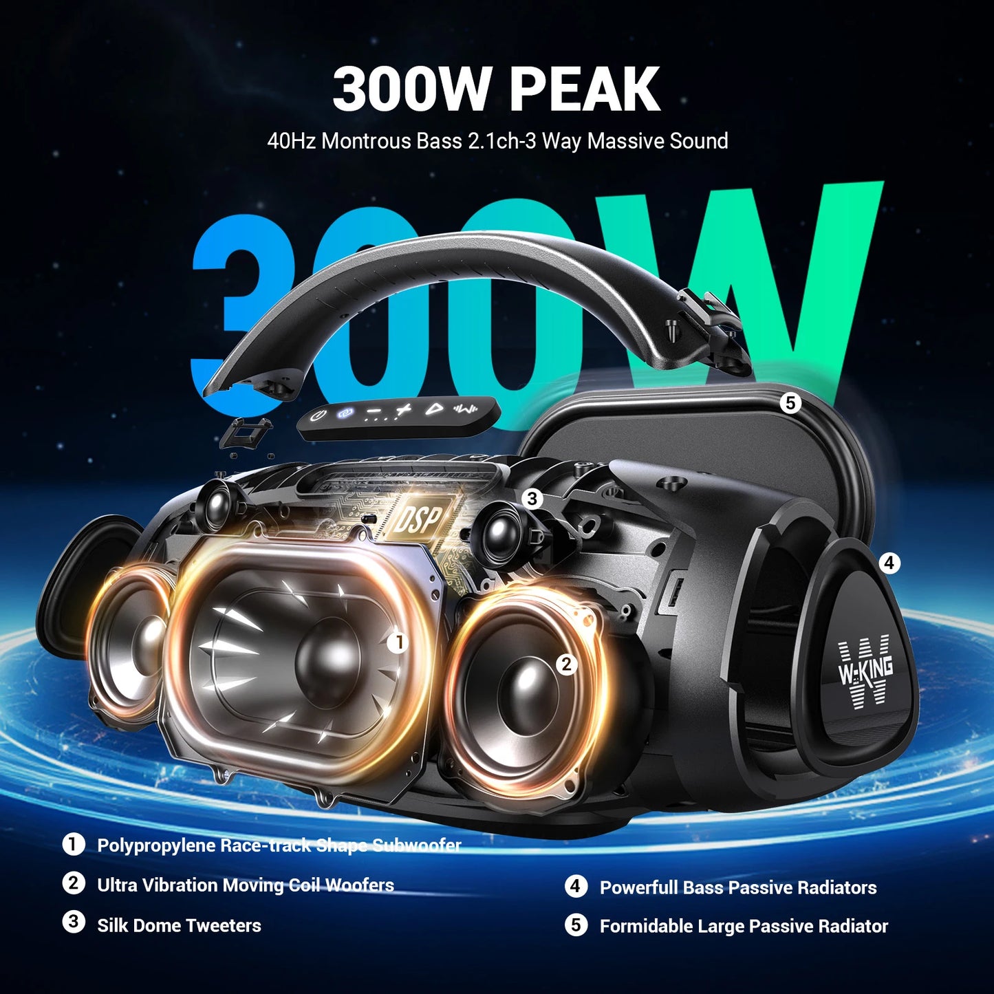W-King X20 200W RMS Portable Bluetooth Speaker Massive Bass