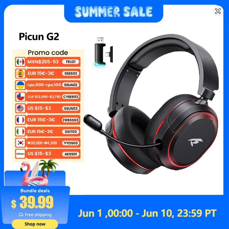 Picun G2 Wireless Gaming Headset 2.4G Low Latency 7.1 Surround
