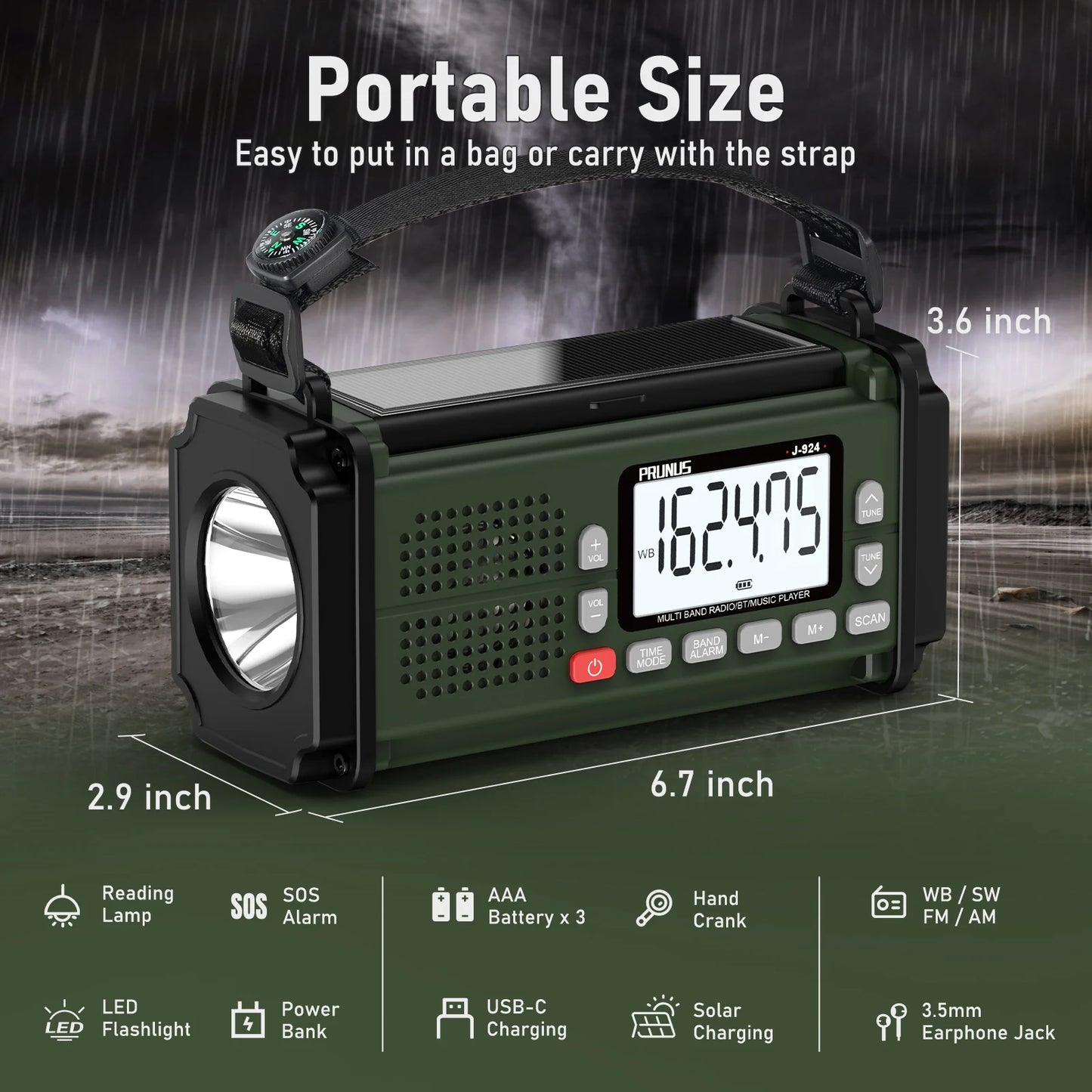 PRUNUS 924 10000mAh Hand Crank Radio, AAA Batteries Powered Emergency Radio Solar, NOAA Weather Radio AM/FM/SW Power Bank Light