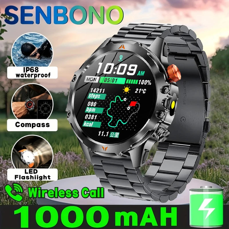 SENBONO Men's Smartwatch AMOLED Display Bluetooth Calling IP68 Waterproof