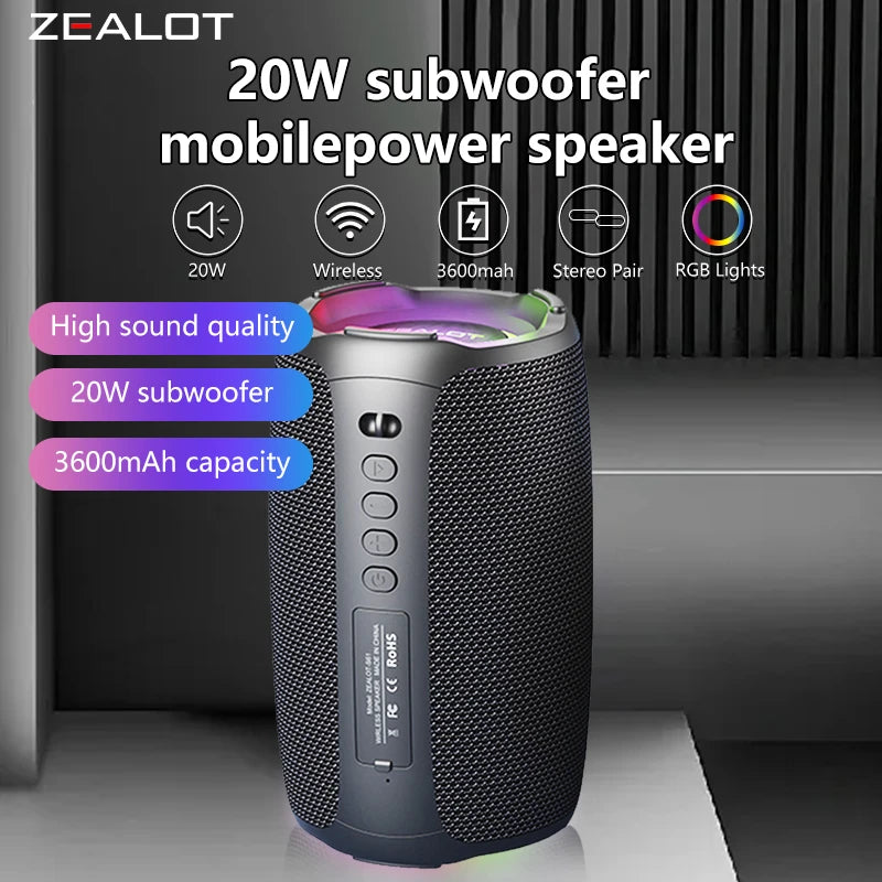 Zealot S61 20W Portable Outdoor Bluetooth Speaker Subwoofer