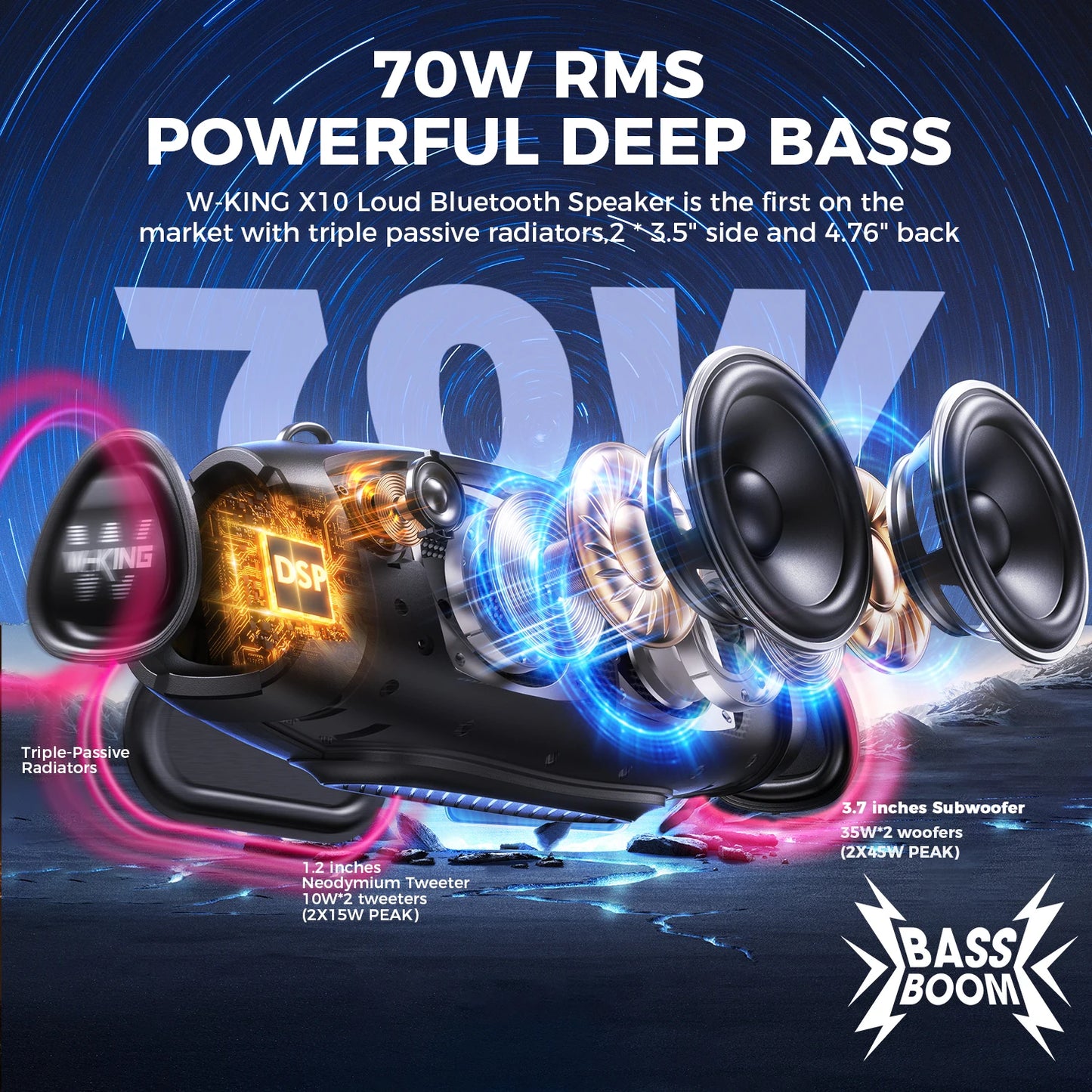 W-King Portable Bluetooth Speaker With Wireless Microphone Waterproof