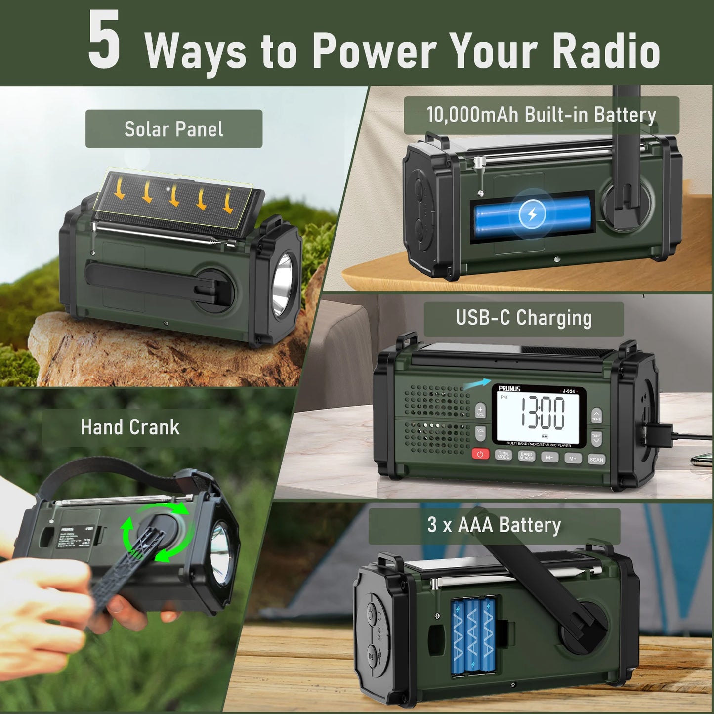 PRUNUS 924 10000mAh Hand Crank Radio, AAA Batteries Powered Emergency Radio Solar, NOAA Weather Radio AM/FM/SW Power Bank Light