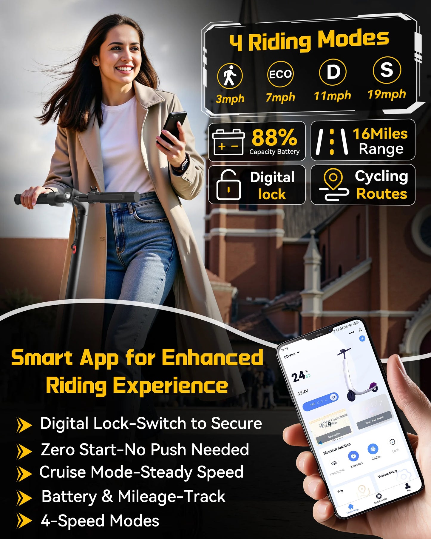 LADPED LP40 Electric Scooter 350W 19 MPH Smart App Control