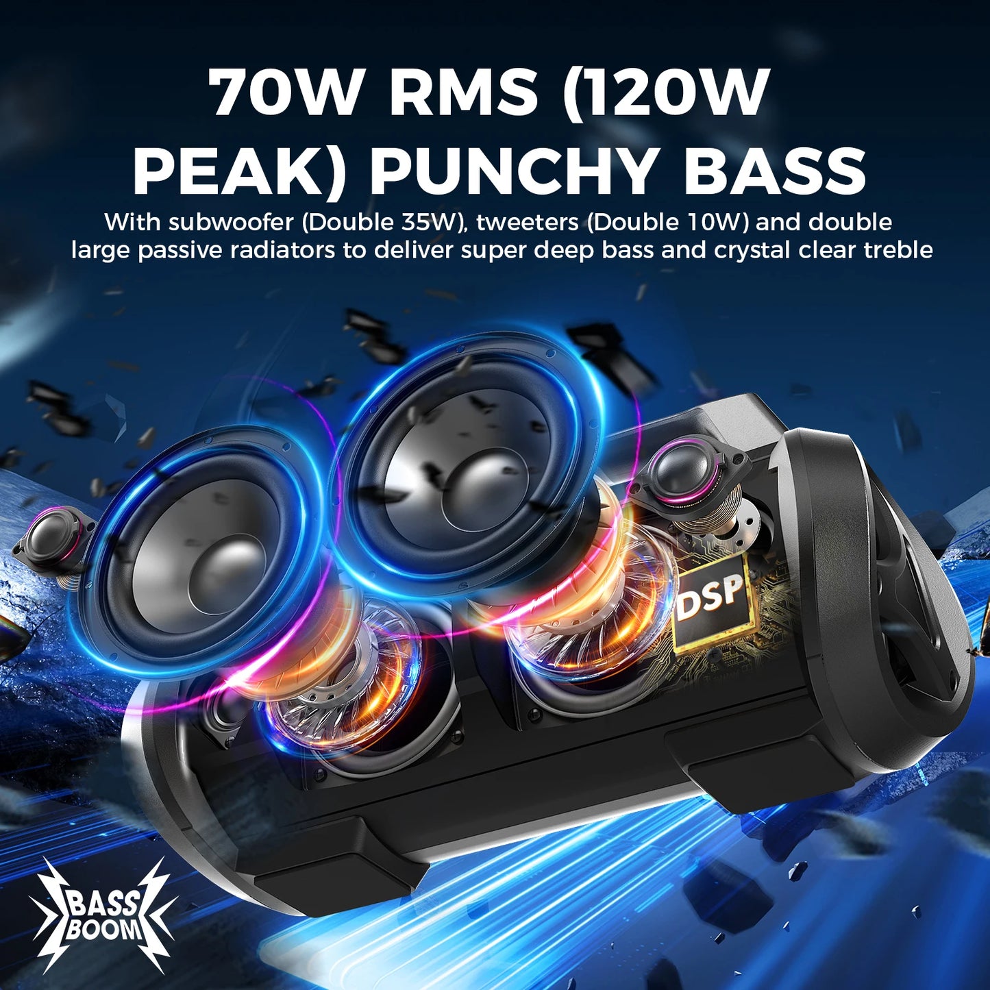W-King 70W RMS Bluetooth Portable Speaker Subwoofer Bass Boost