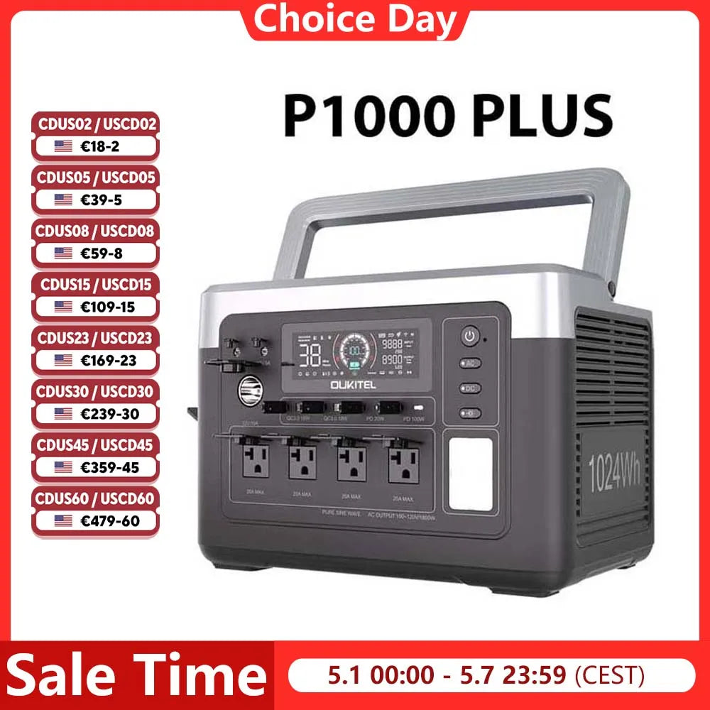 OUKITEL P1000 Plus Solar Generator Portable Power Station 1800W LiFePO4
