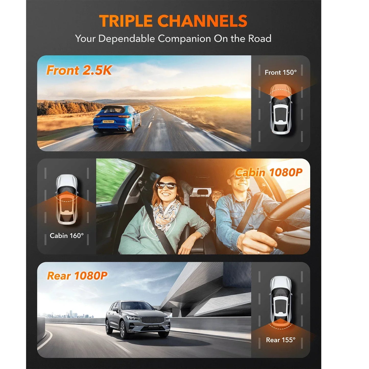 WOLFBOX I07 DashCam 3Channel FrontRear 4K GPS WiFi