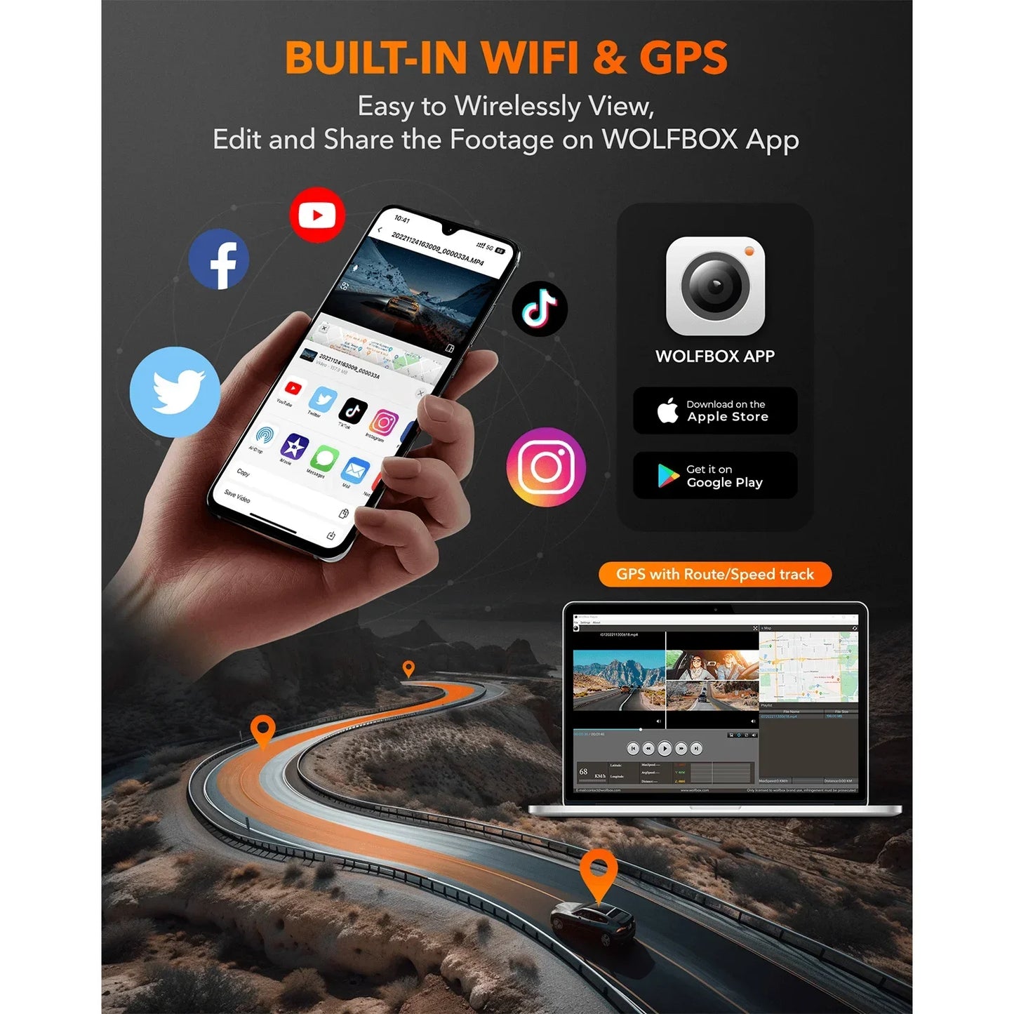 WOLFBOX I07 DashCam 3Channel FrontRear 4K GPS WiFi