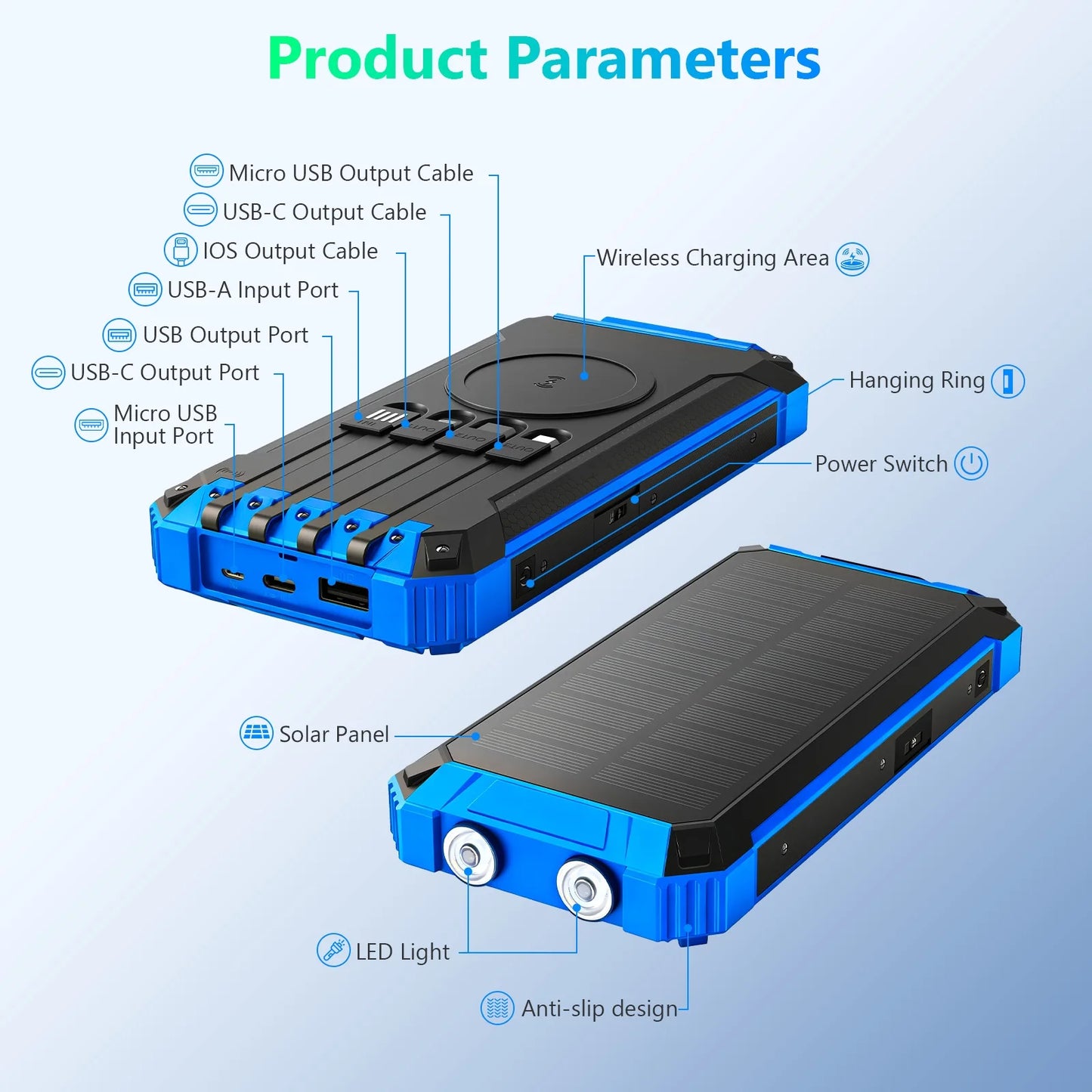 Portable Solar Power Bank With Wireless Charging 18W