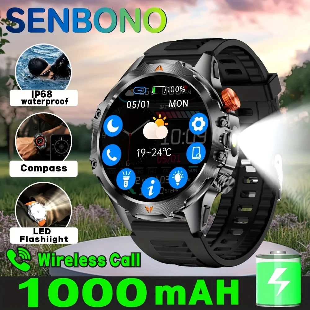 SENBONO Men's Smartwatch AMOLED Display Bluetooth Calling IP68 Waterproof